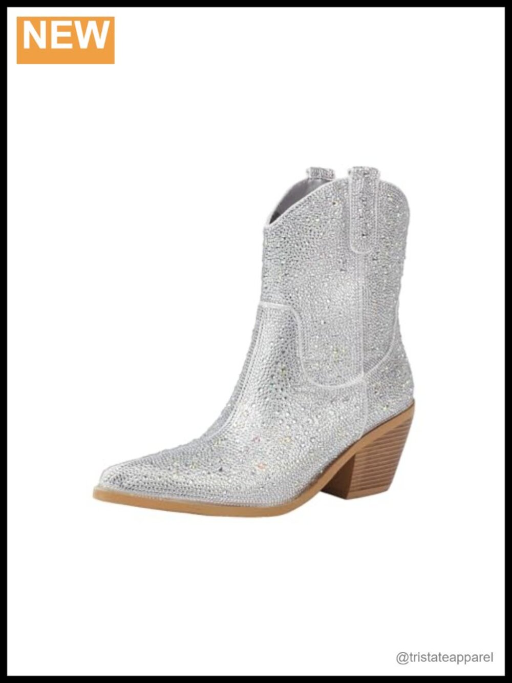 Rhinestone Cowboy Boots Block Heel Pointed Toe Ankle Bootie